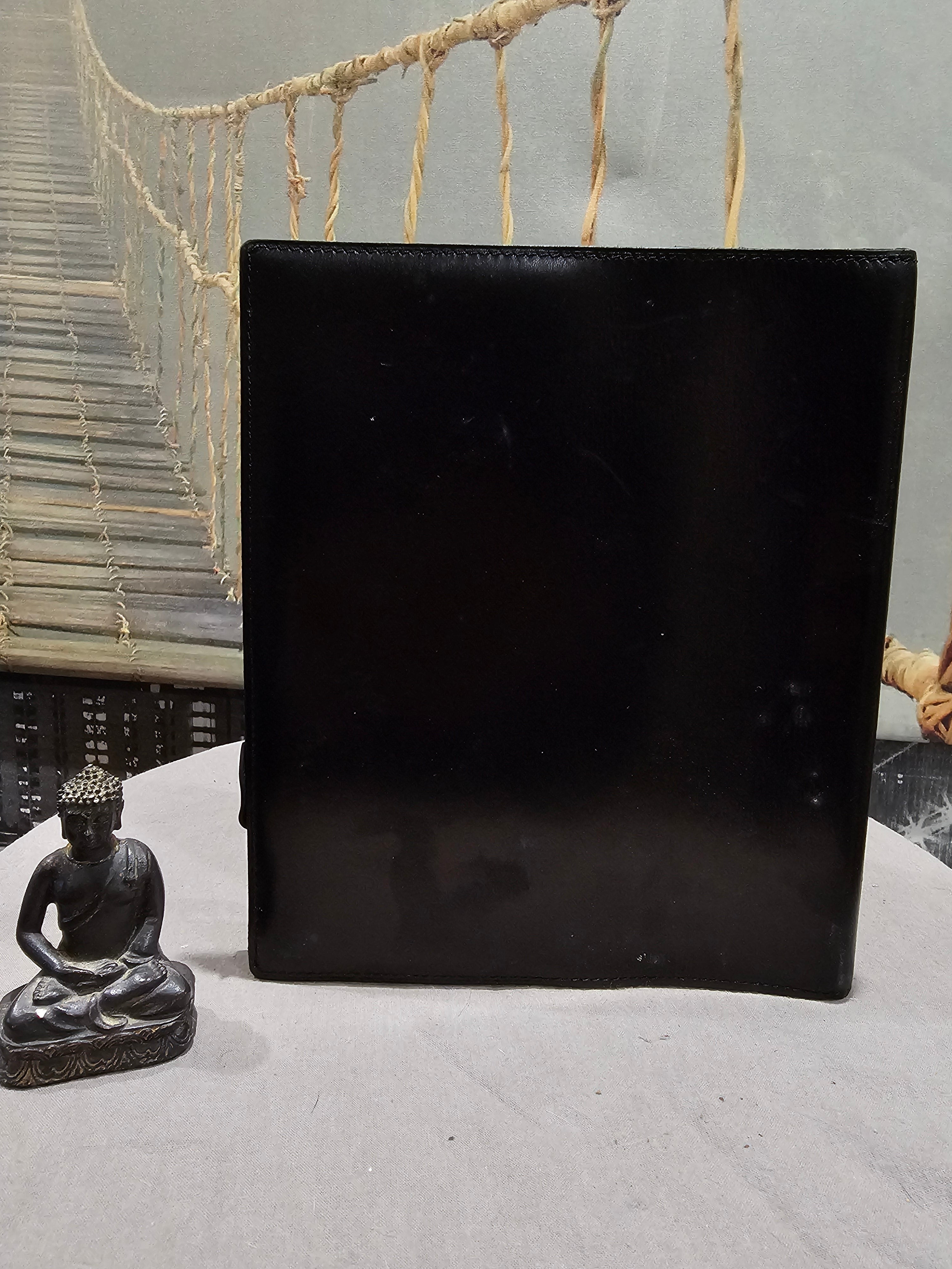 Ancien Semainier Conférencier Porte Document Agenda Cuir Lisse Brillant Noir bureau Vintage