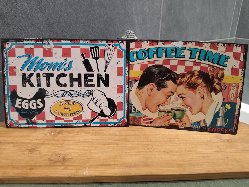 Lot de 2 Anciennes Pancartes Rétros Vintage Maison Cuisine & Café XXe Collection Déco