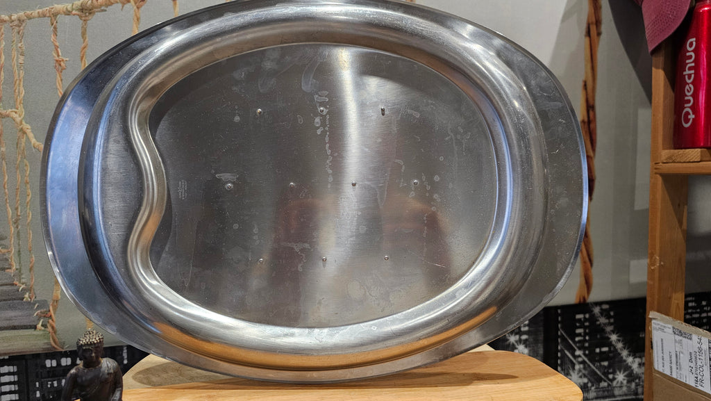 Ancien Grand Plat de Service en Metal couleur Gris Argentée A piques Vintage XXe Cuisine rétro Collection