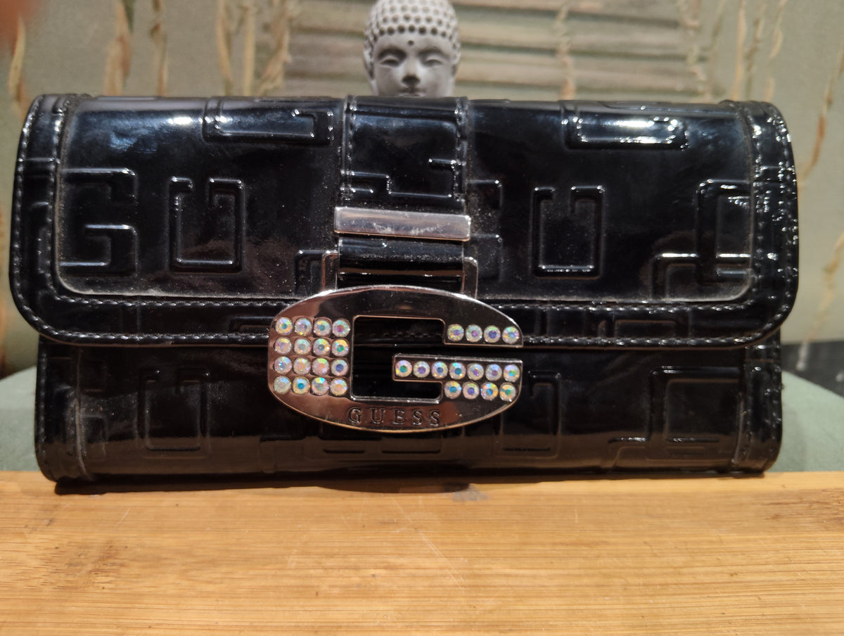 Ancien Grand Porte Monnaie de Collection Guess Cuir De Veau Brillant Lisse Pierres Précieuses Argentées Original XXe Collection Rétro