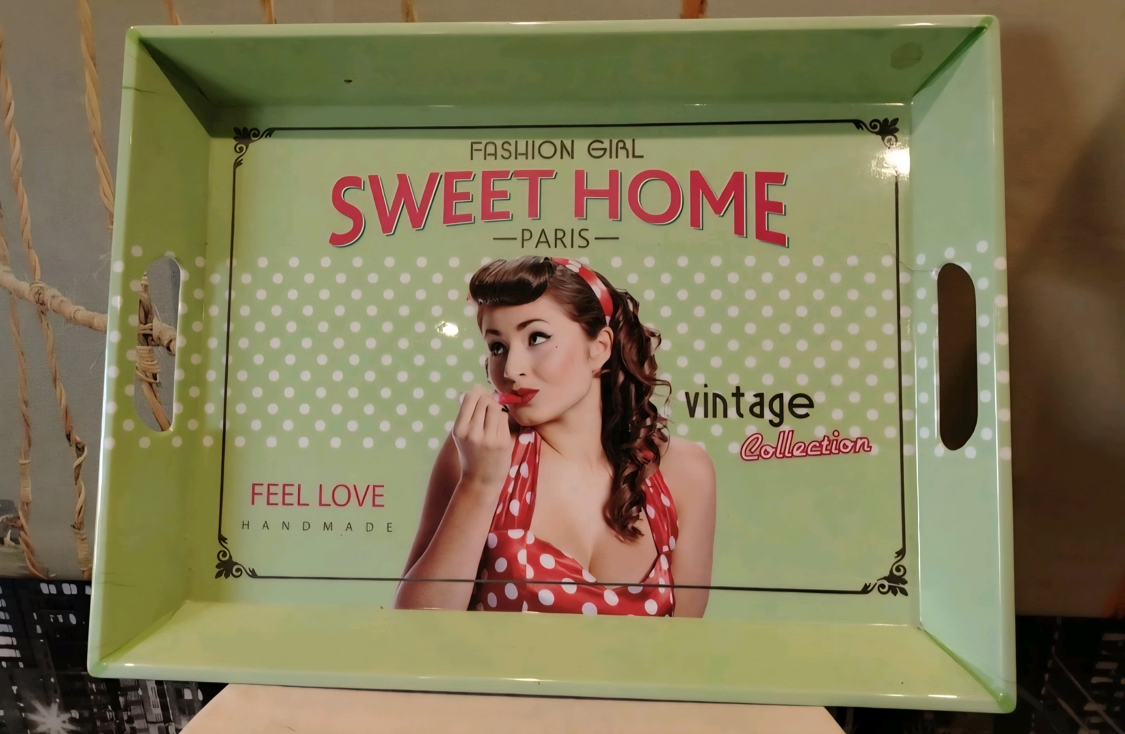 Ancien Plateau de Service Original Vert Vintage Cuisine Home XXe Collection Publicitaire