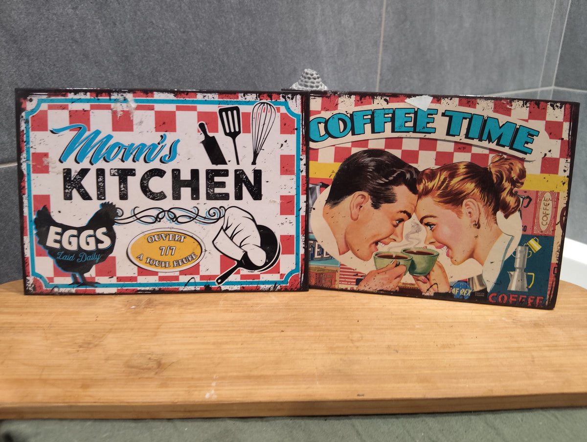Lot de 2 Anciennes Pancartes Rétros Vintage Maison Cuisine & Café XXe Collection Déco