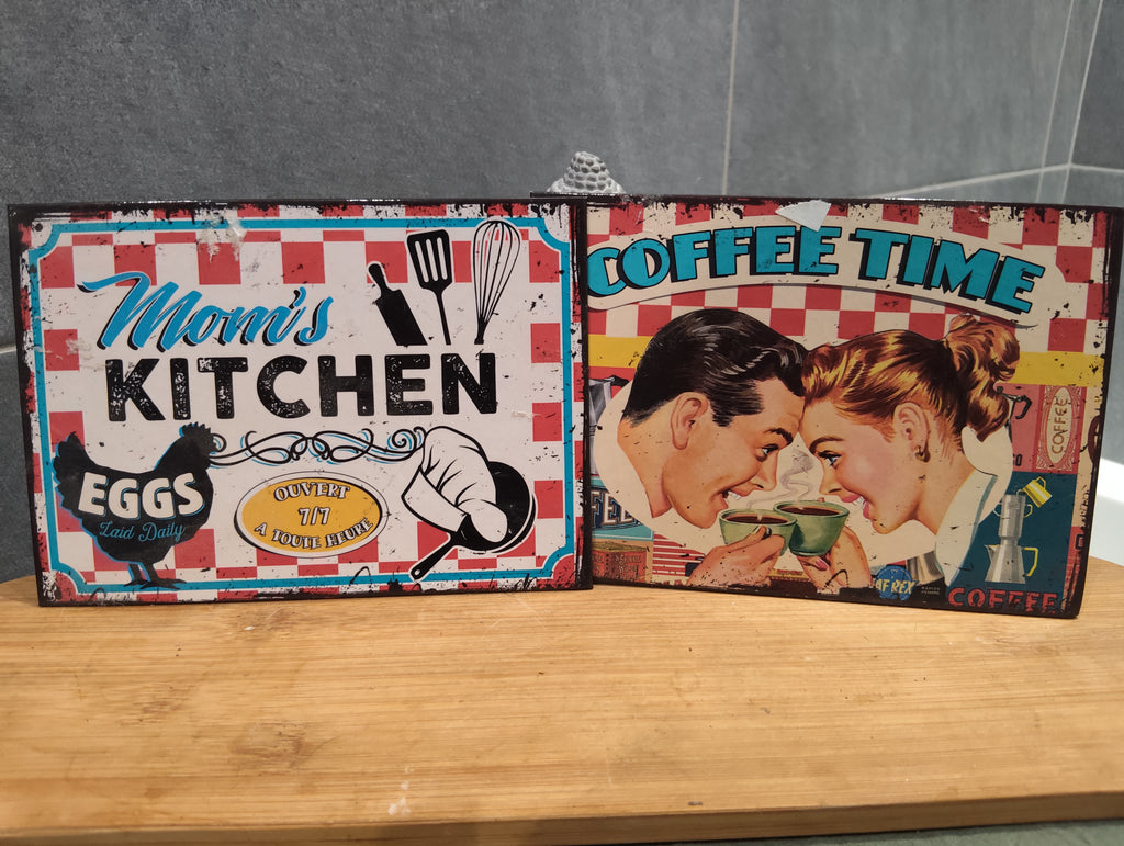 Lot de 2 Anciennes Pancartes Rétros Vintage Maison Cuisine & Café XXe Collection Déco