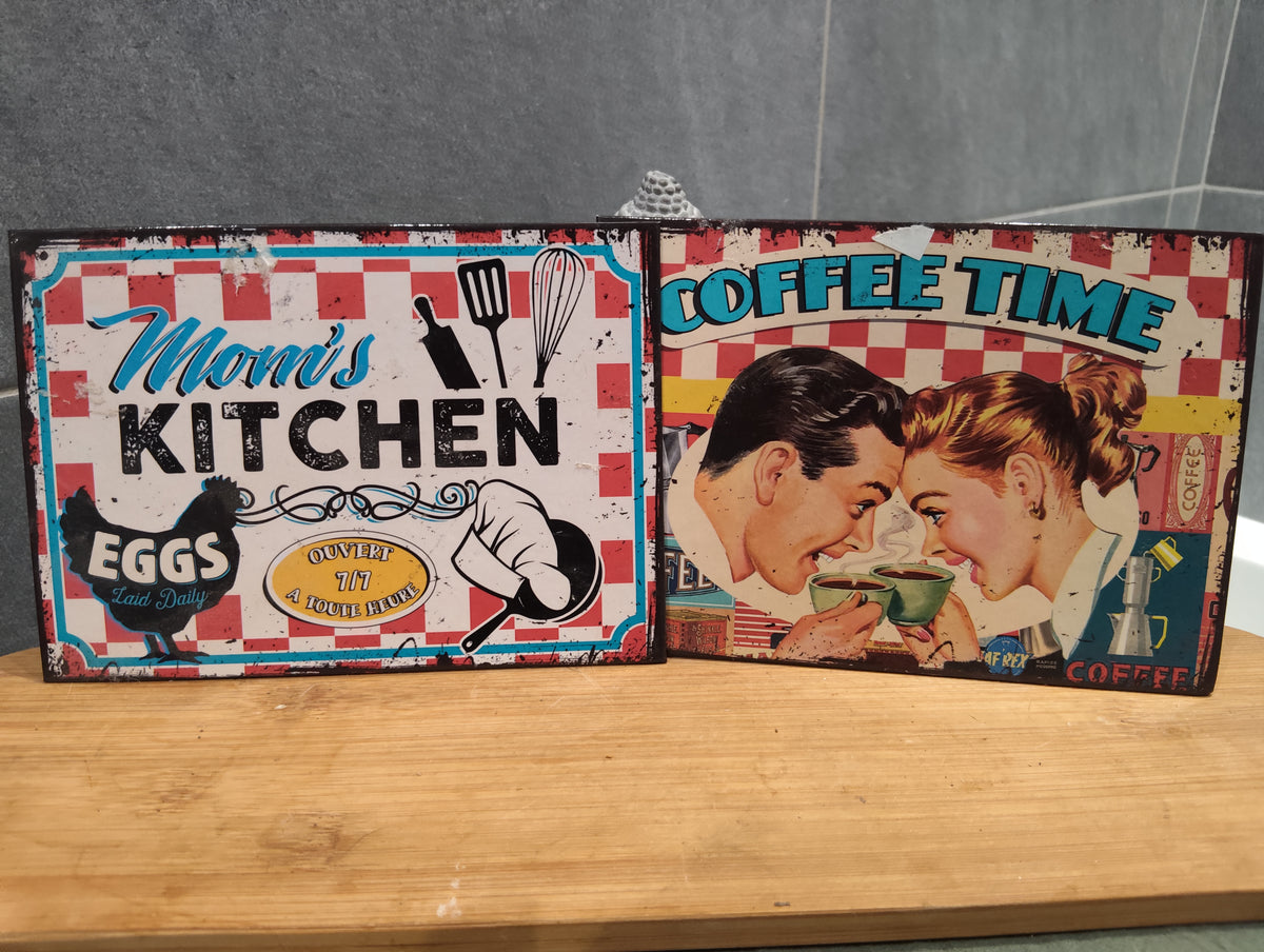 Lot de 2 Anciennes Pancartes Rétros Vintage Maison Cuisine & Café XXe Collection Déco